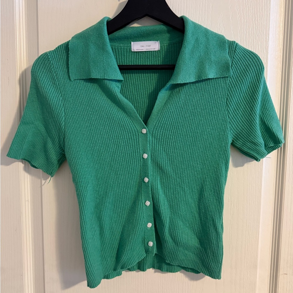 Green Ribbed Button-Up Women's Top
